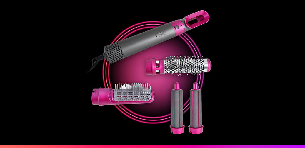 Hair blow dryer with brushes and curling attachments