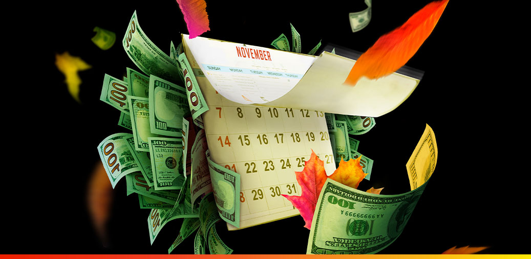 Calendar surrounded by 100 dollar bills