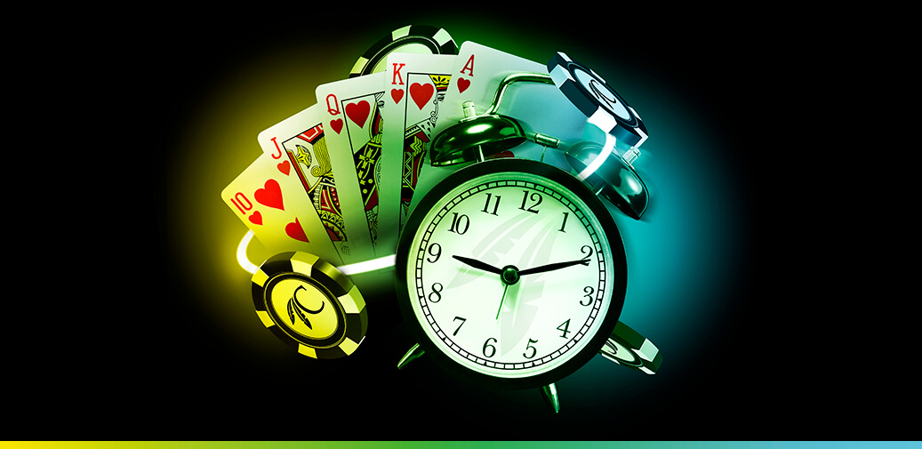 clock with game cards and poker chips behind it