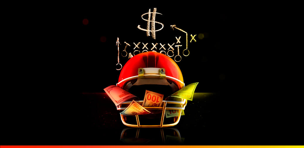 football helmet filled with money and game play behind it