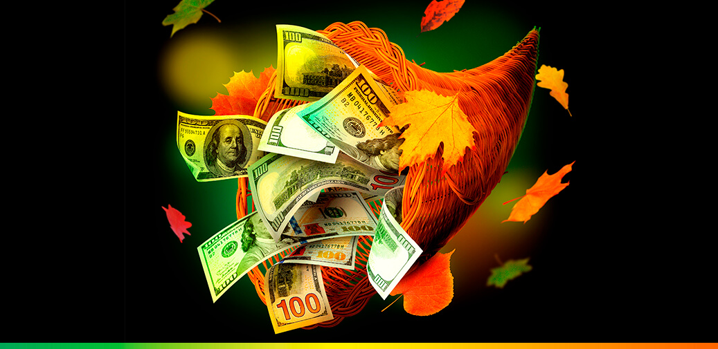 Cornucopia filled with hundred dollar bills