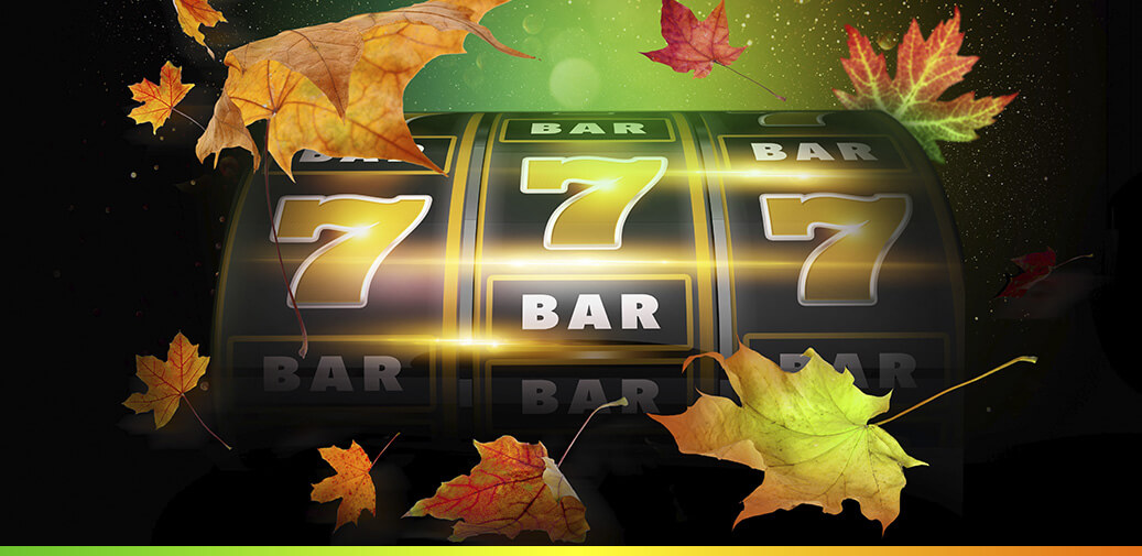 Triple 7 reel surrounded by autumn leaves
