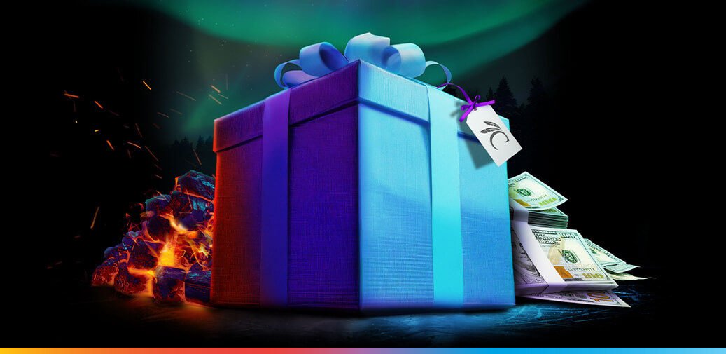 A picture of a present with cash next to it