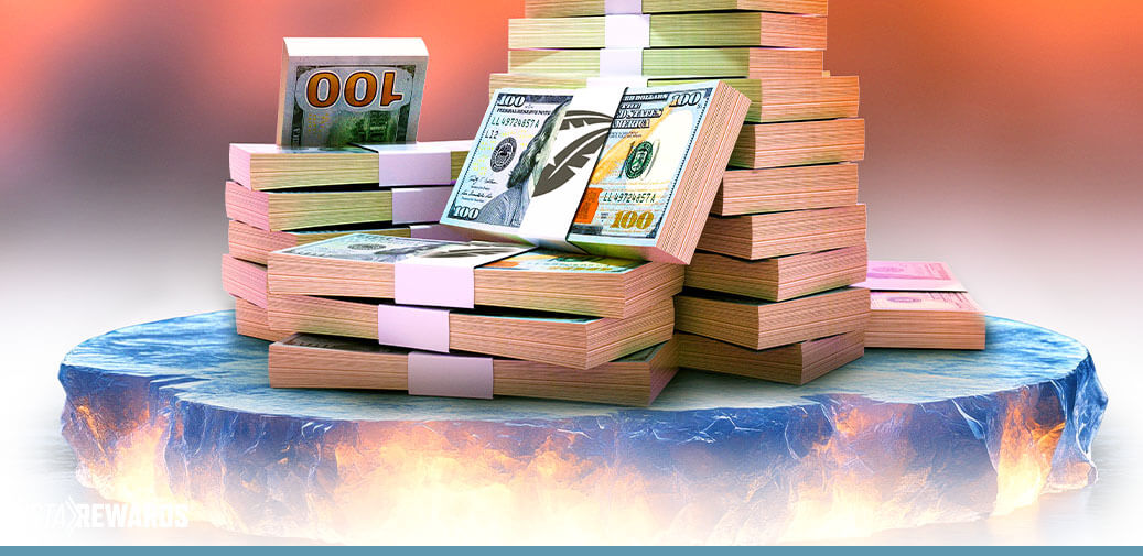 Stacks of cash on a ice block thats on fire