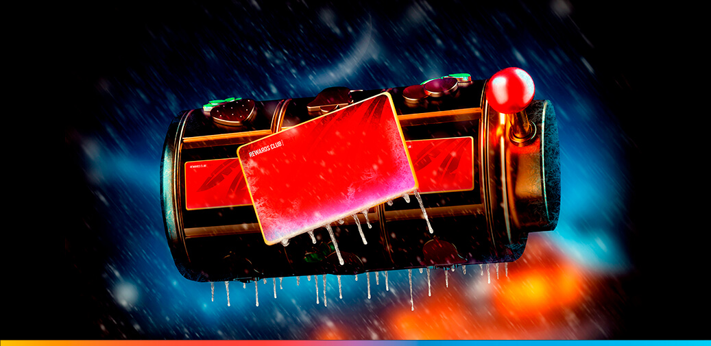 A frozen casino reel with a frozen ruby rewards card