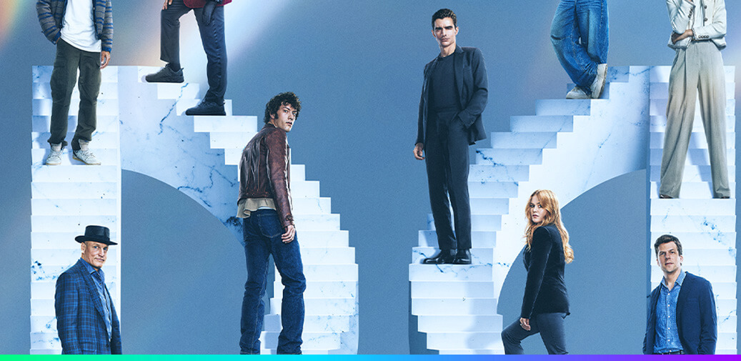 Characters from the movie on stairs