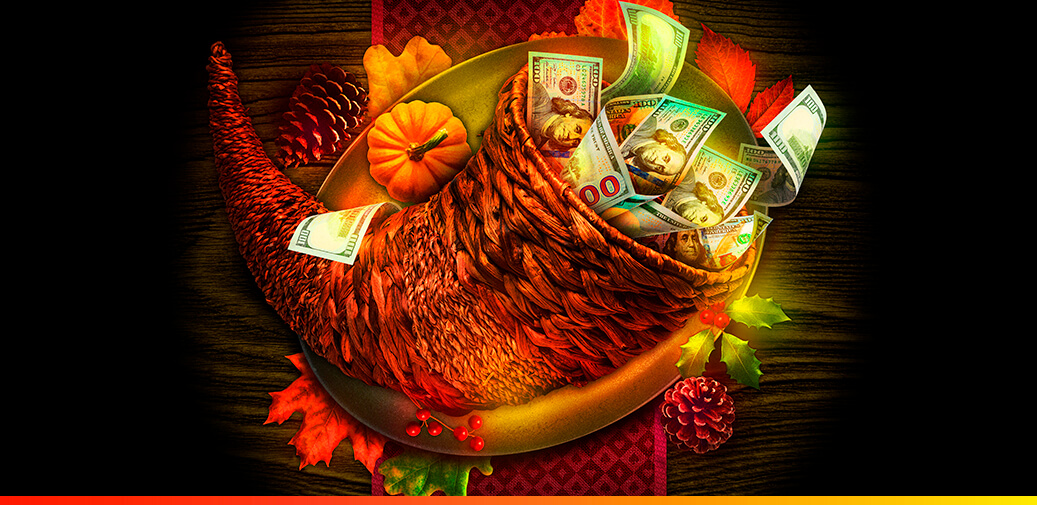 Cornucopia filled with 100 dollar bills