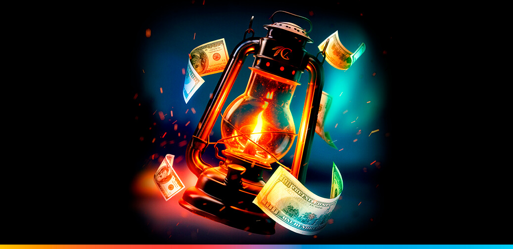 A lit lantern surrounded by money