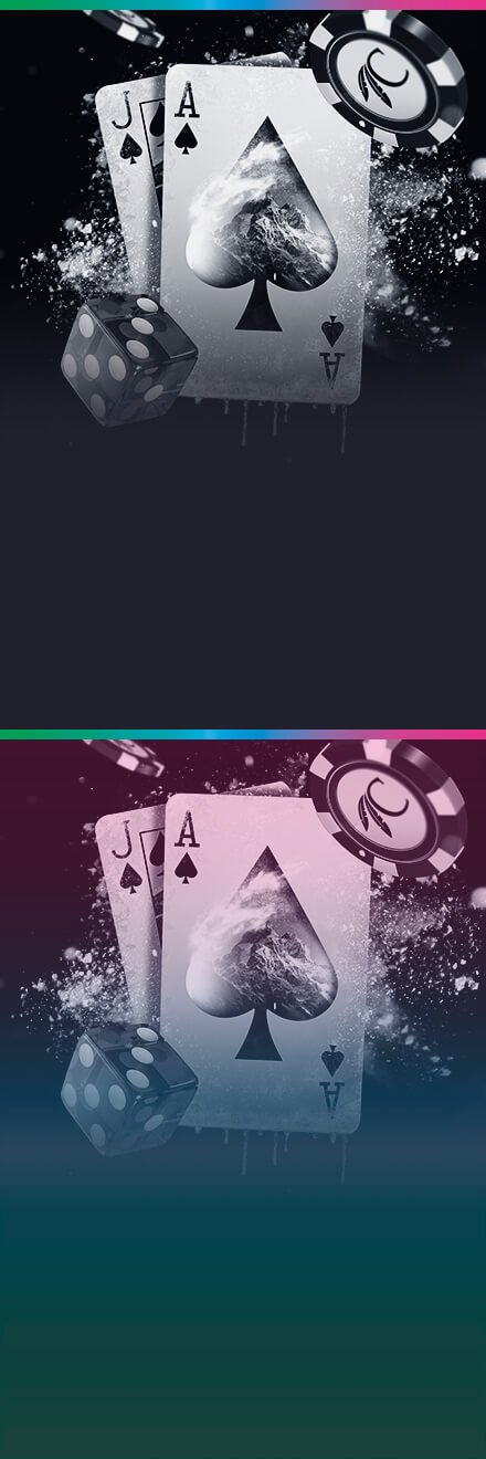 Playing cards covered in snow and table game chips and dice