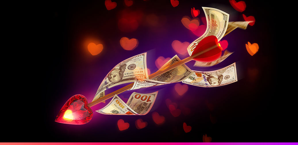Cupids arrow surrounded by 100 dollar bills
