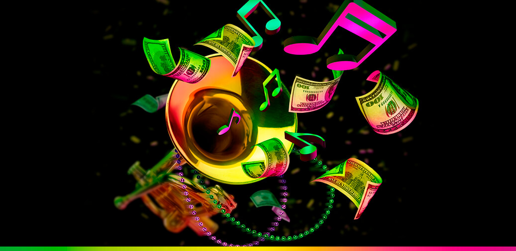 Trumpet blowing out money and music notes