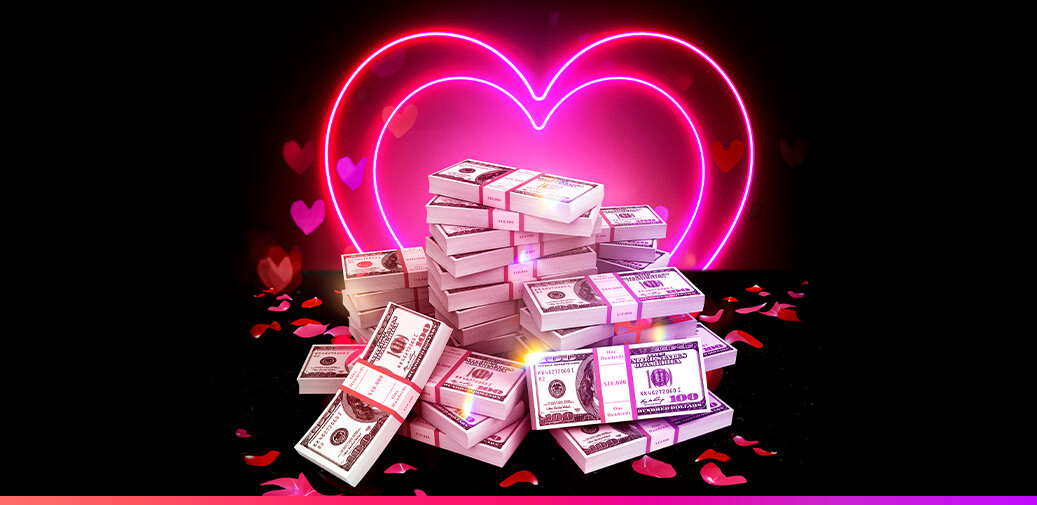Stacks of money in front of heart