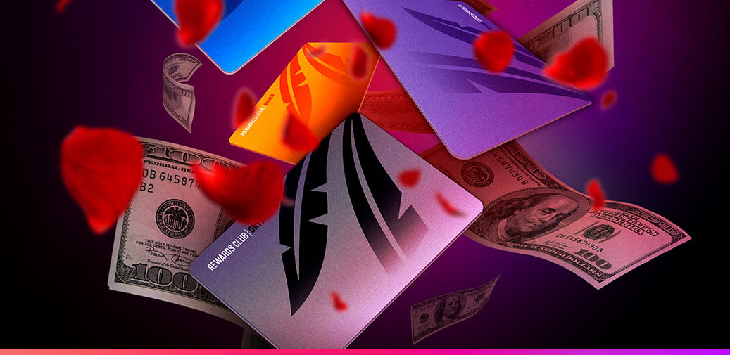 Rewards club cards, money, and rose petals falling