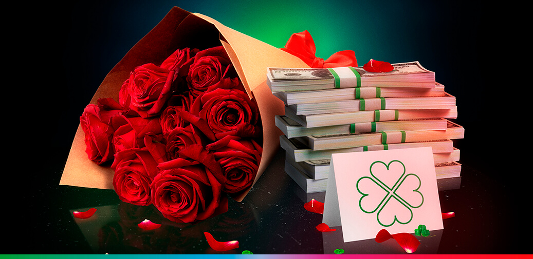 Bouquet of roses with stacks of cash