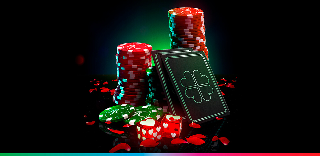 Poker chips with a playing card that has a four leaf clover
