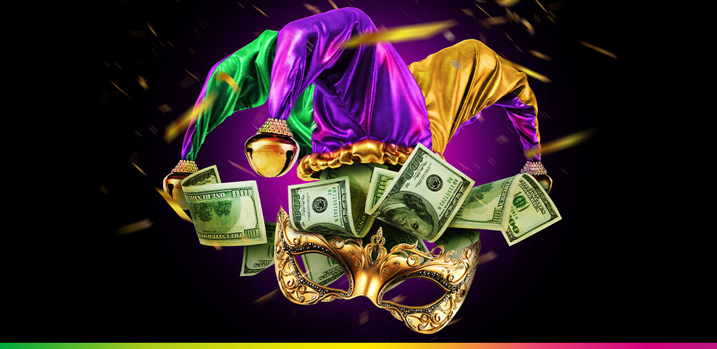 Gold Party mask surrounded by 100 dollar bills