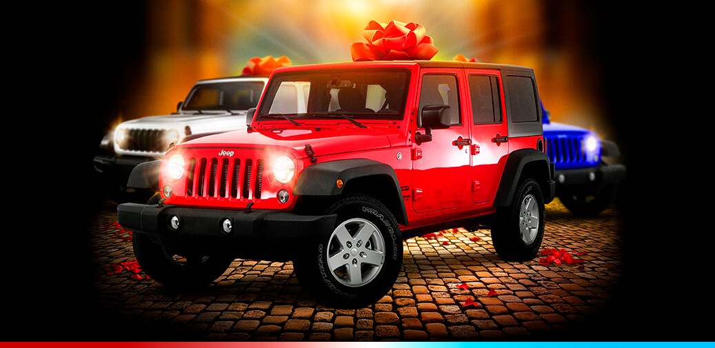 Red, white, and blue jeeps