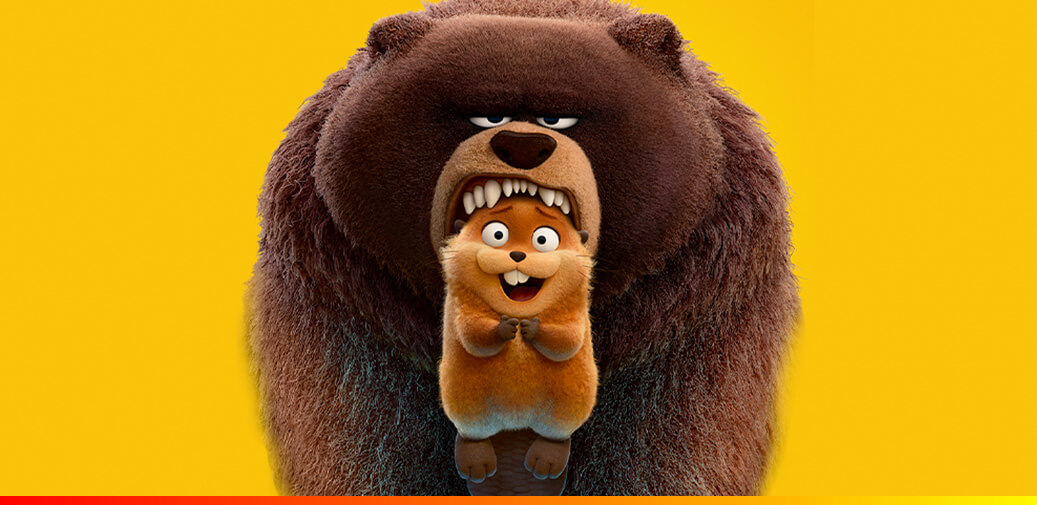 Cartoon bear holding a beaver in its mouth