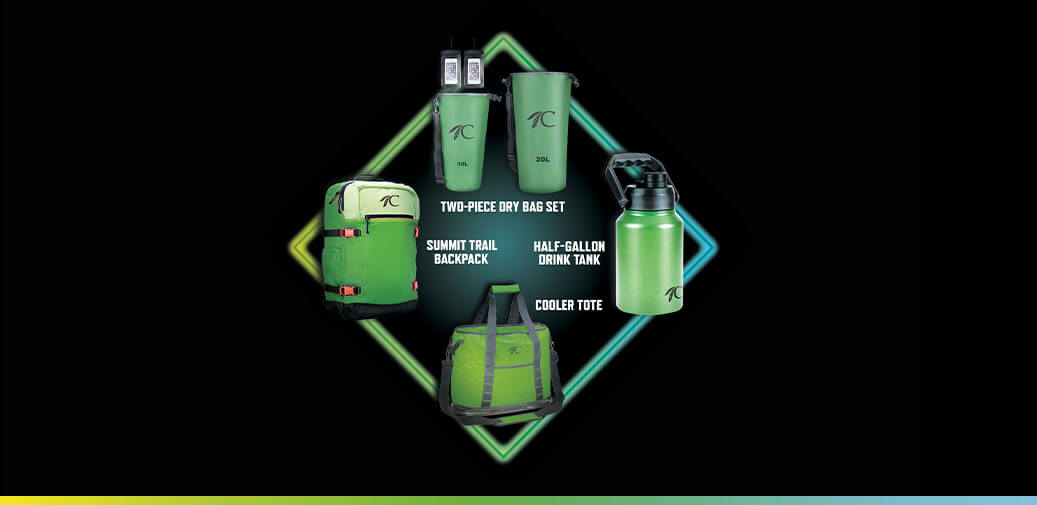 Dark green, cooler tote, half gallon drink tank, two-piece dry bag set, summit trail backpack