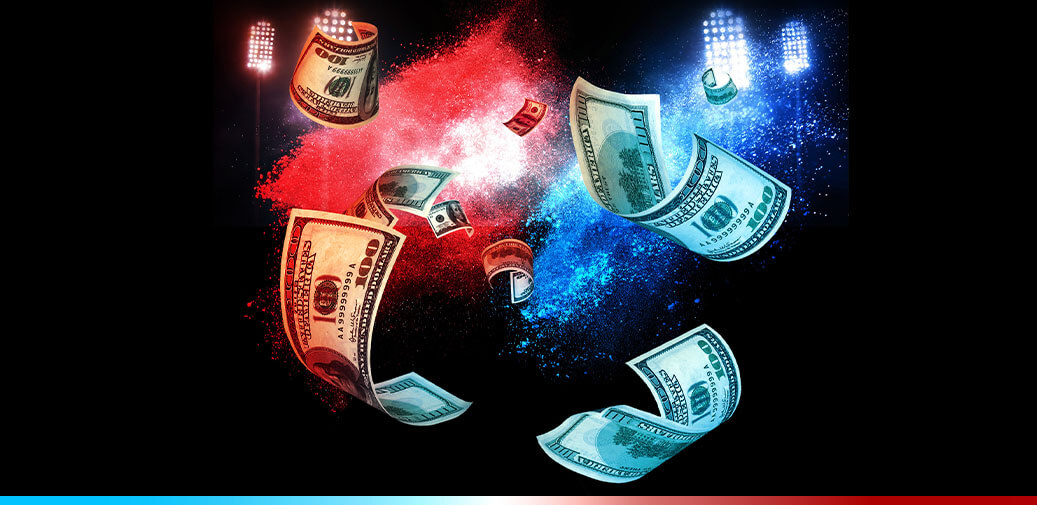 100 Dollar bills flying around with red and blue powder