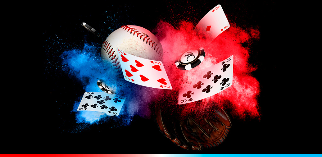 Baseball and cards with blue and red powder exploding