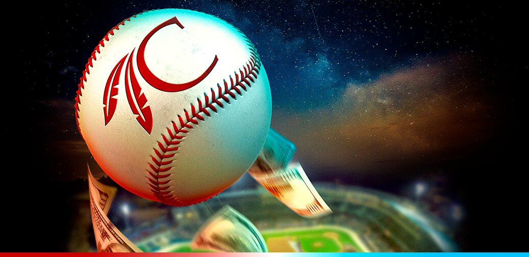 Ball getting hit out of the ballpark with hundred-dollar bills flying behind it