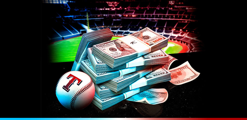 Stacks of hundred dollar bills with a Texas Rangers baseball