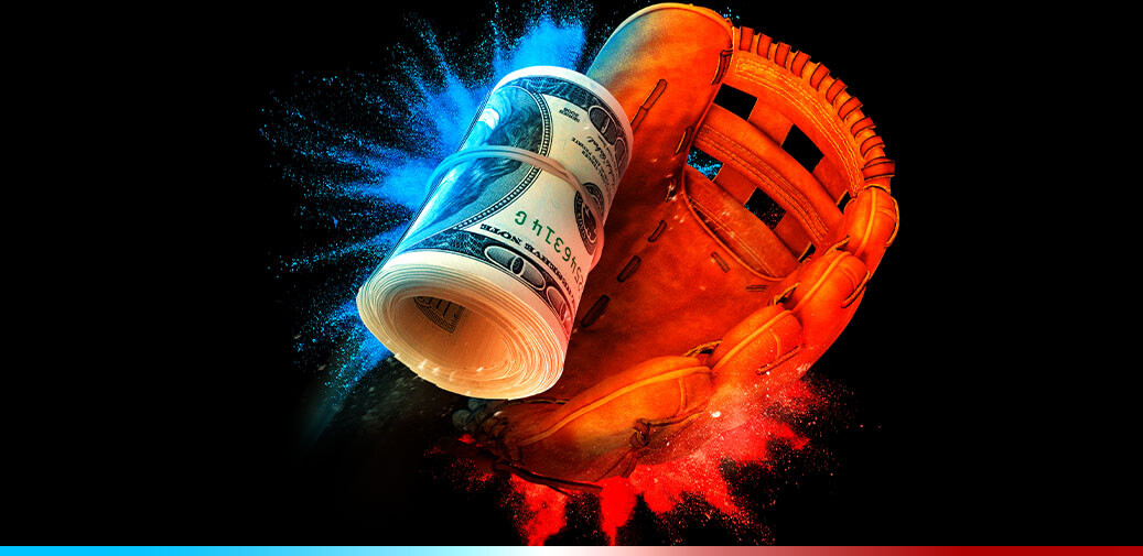 A wad of cash falling into a baseball glove