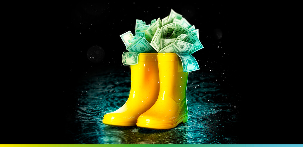 Yellow rain boots filled with money