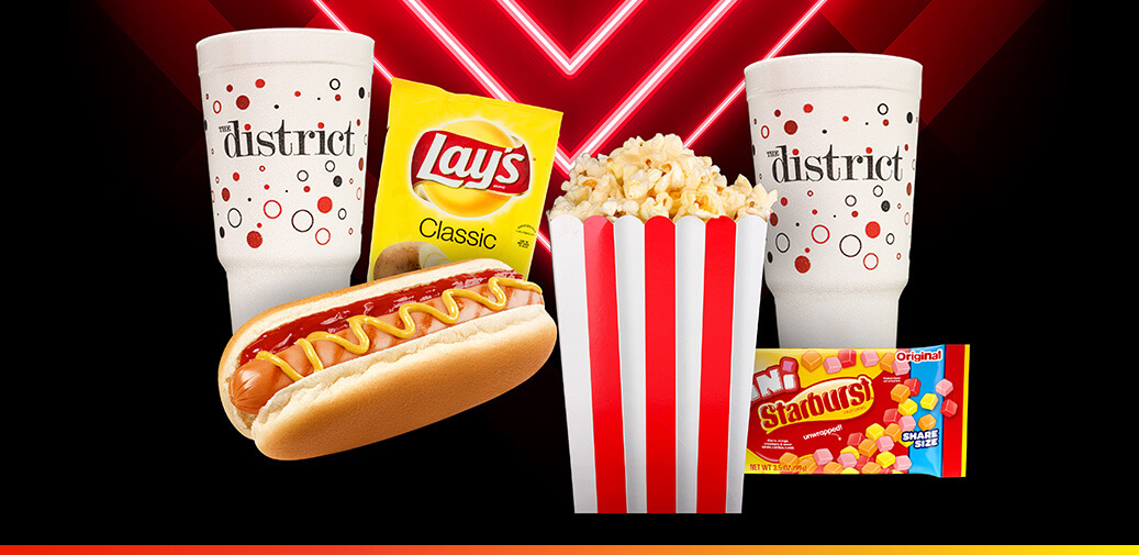 Hot dog, popcorn, and drinks