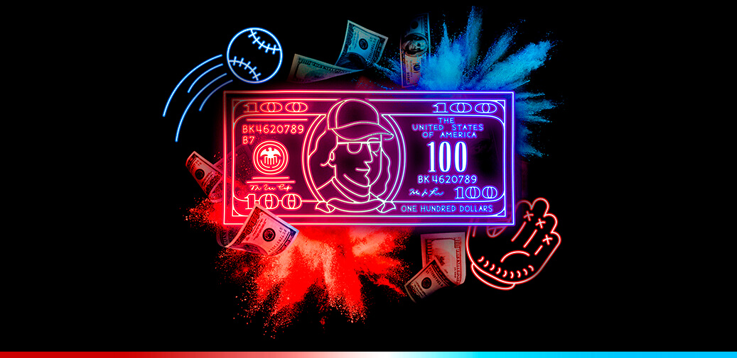 Red and blue 100-dollar bill surrounded by money baseball and glove