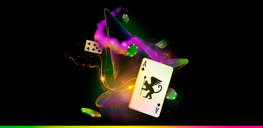 Table game cards flying around a witch hat