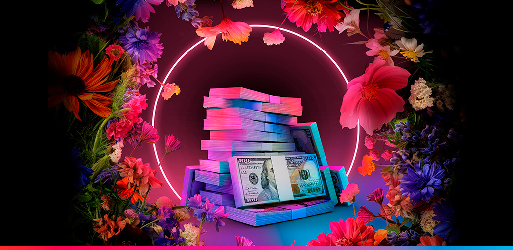 Stacks of cash surrounded by flowers