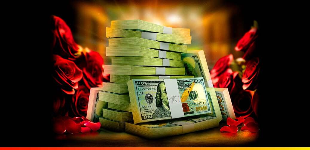 Stack of cash surrounded by flowers