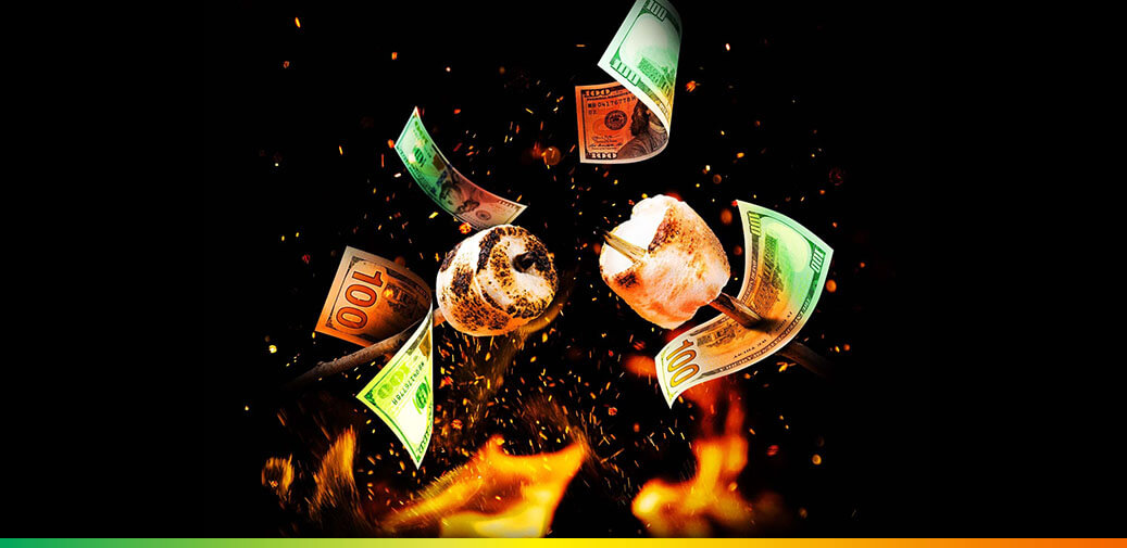 Marshmallows and money roasting over a fire