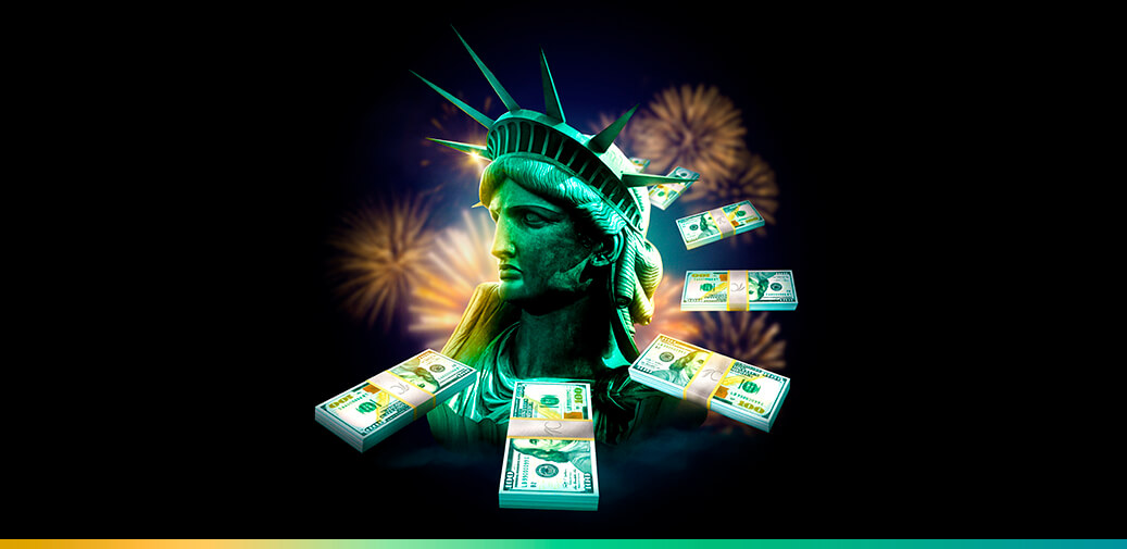 Statue of Liberty with floating cash and fireworks.