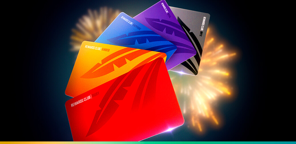 Rewards Club cards with fireworks on a dark background.