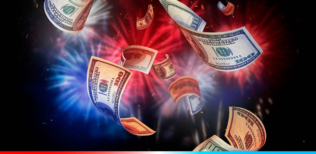 Money with floating firewroks behind it