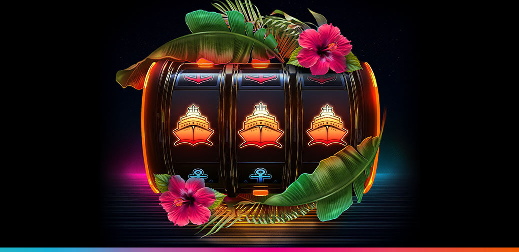 Slot machine with cruise ship symbols and tropical flowers on a dark background.