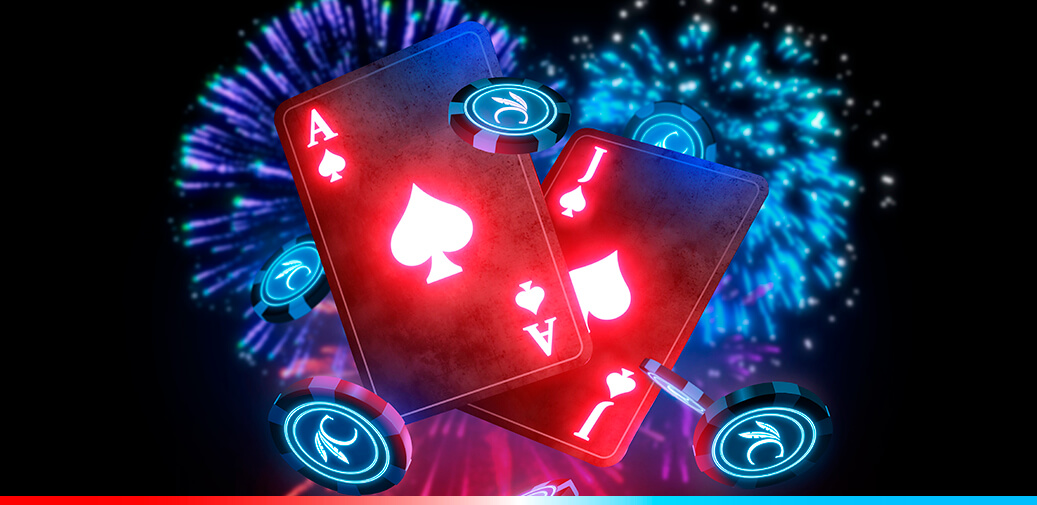 Table game cards with fireworks behind it