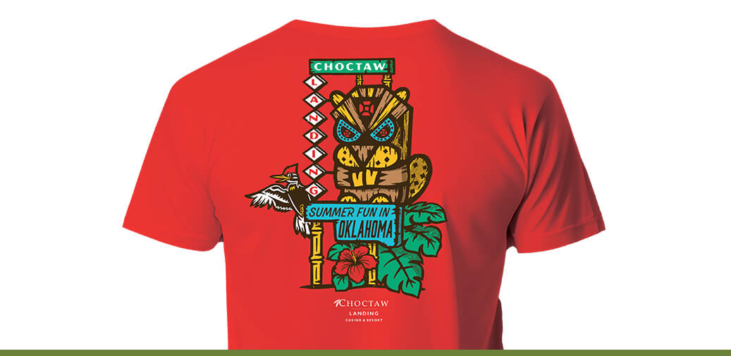 T-shirts featuring Choctaw Landing summer design artwork.