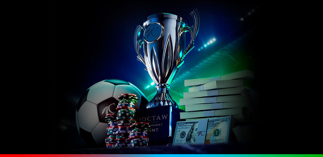 Trophy, soccer ball, poker chips, cash, and stacked boxes.