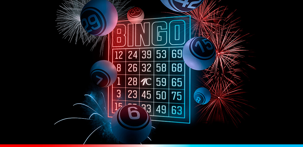 Bingo card with numbered bingo balls and fireworks in the background.