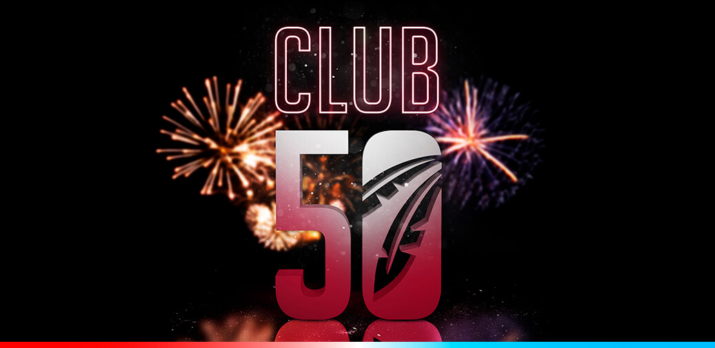 Club 50 logo with fireworks background.