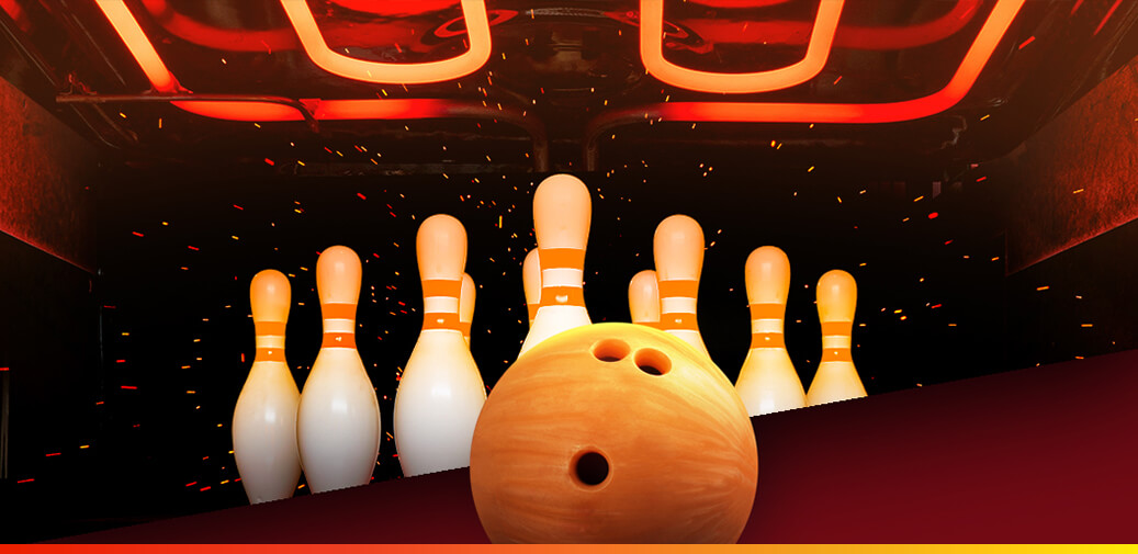 Bowling ball and pins in a bowling alley