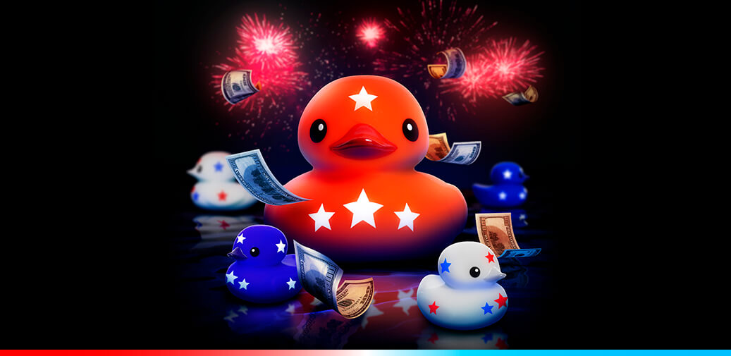 Red, white, and blue rubber ducks