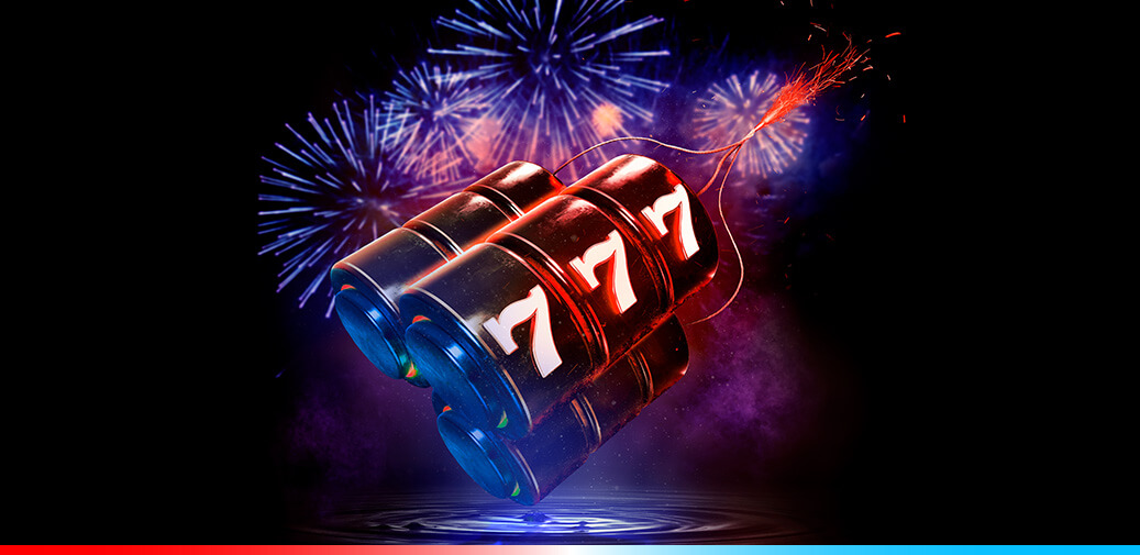 Triple 7 reel with fireworks in the background