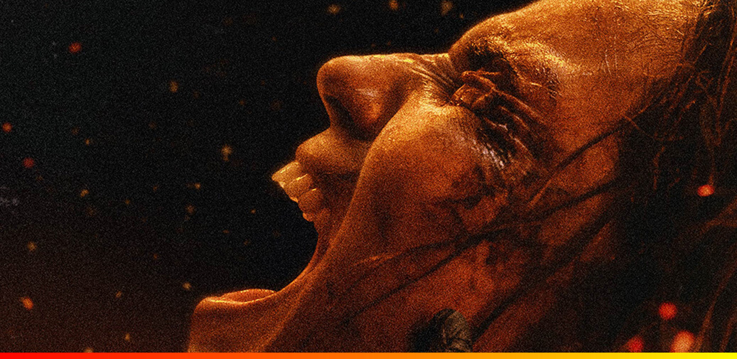 Stylized close-up of a screaming face from the horror film Evil Dead Burn.