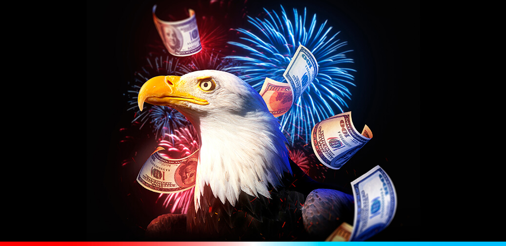 Bald eagle with floating dollar bills and fireworks