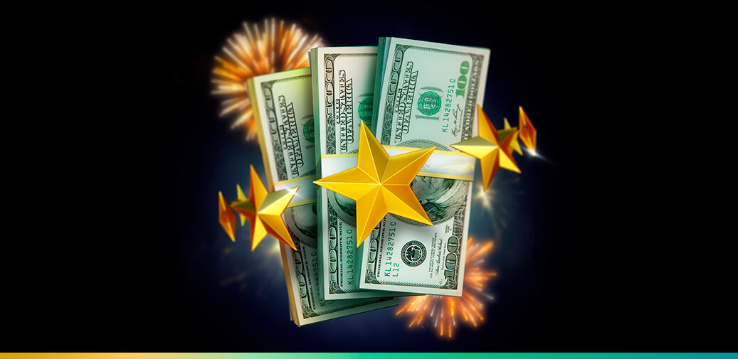 Stack of cash with silver stars and fireworks